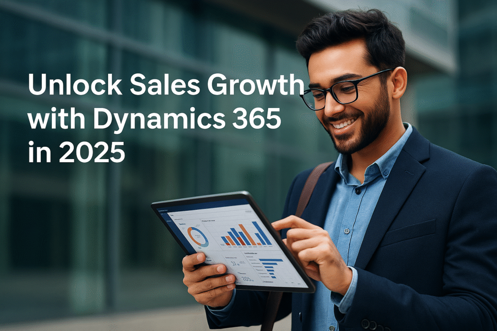 Smiling business professional in a blazer using a tablet displaying CRM dashboards, with the text “Unlock Sales Growth with Dynamics 365 in 2025” overlaid in a modern city setting.