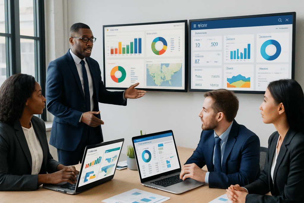 Business professionals analyzing CRM and Power BI dashboards together to drive data-driven decisions and maximize ROI.