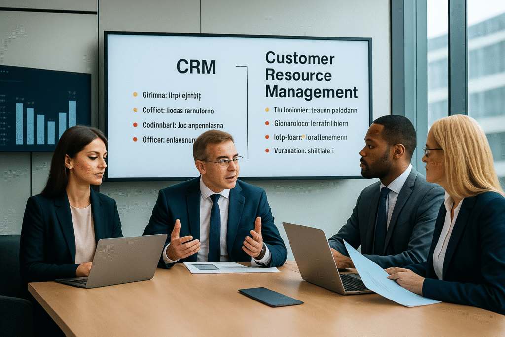 Business professionals analyzing CRM vs Customer Resource Management comparison charts on laptops and tablets in modern corporate office environment