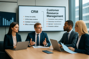 Business professionals analyzing CRM vs Customer Resource Management comparison charts on laptops and tablets in modern corporate office environment