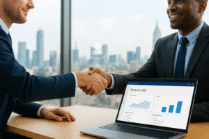 Business professionals in a modern office reviewing analytics on large digital screens displaying CRM dashboards, KPIs, and charts.