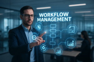 Business professional interacting with a futuristic workflow management software dashboard, featuring holographic automation icons and analytics.