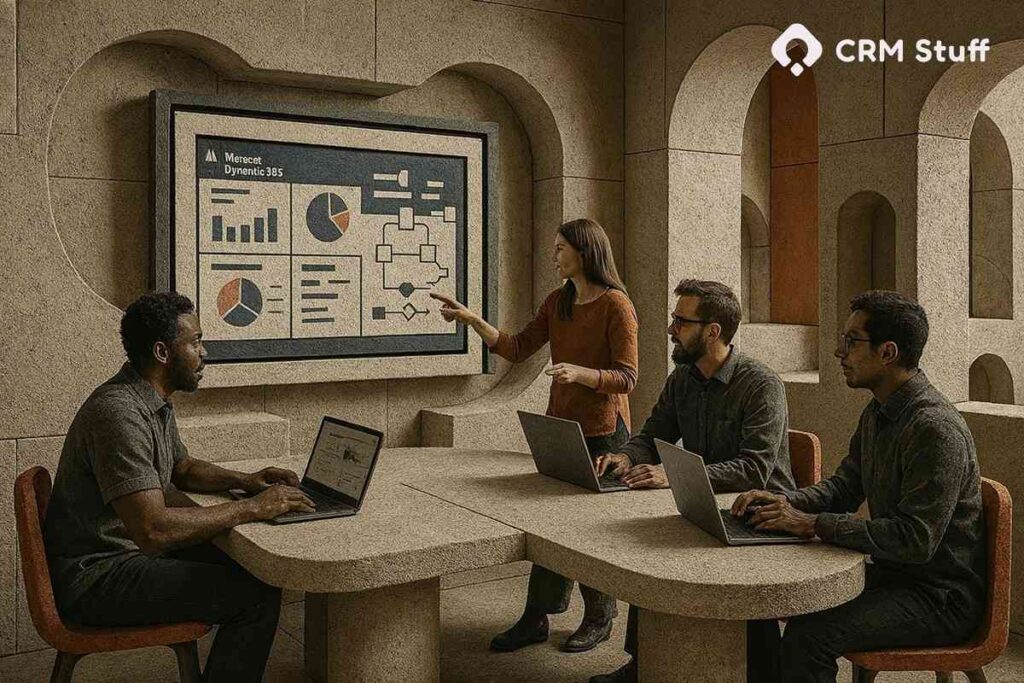 A team of Microsoft Dynamics CRM developers collaborating around a large screen, showing CRM dashboards, workflows, automation paths, and integration icons.