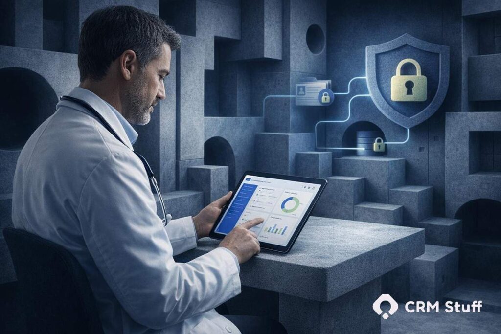 A doctor reviewing a digital dashboard on a tablet, with subtle security and compliance cues.