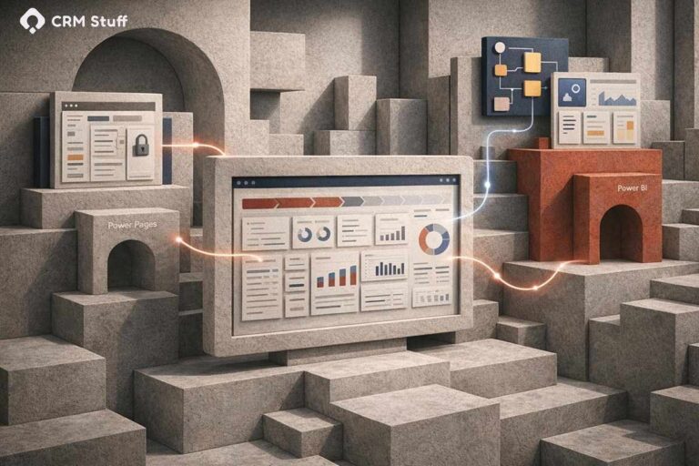 Dynamics 365 CRM dashboard connected to Power Pages, Power Automate, and Power BI showing integrated CRM automation workflows