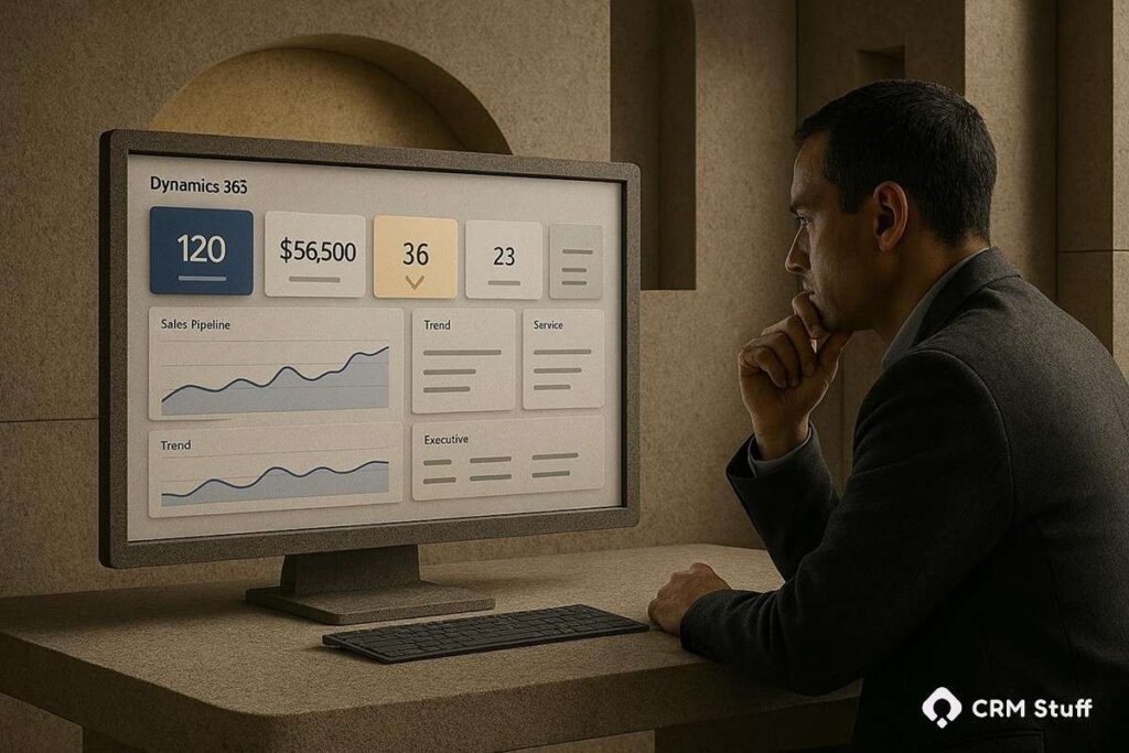 Custom Dynamics 365 dashboard showing KPIs, charts, and CRM data for business decision-making