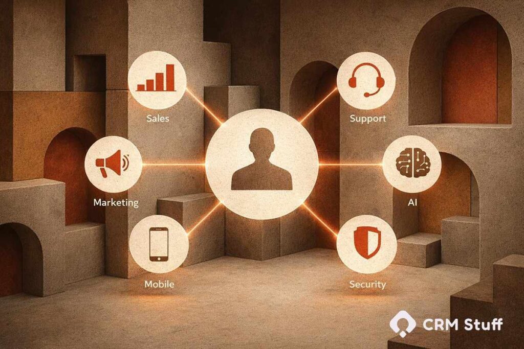 A clean, modern SaaS-style illustration showing a single customer icon silhouette at the center, minimal and professional. Surrounding the central customer are six evenly spaced circular icons, connected with soft glowing lines in a radial layout. Each surrounding icon is clearly labeled with text below the icon: Sales, Support, Marketing, AI, Mobile, Security. Icons are simple, flat, and recognizable (dashboard for Sales, headset for Support, megaphone for Marketing, brain or chip for AI, smartphone for Mobile, shield for Security). Style: modern enterprise SaaS, Microsoft-inspired design, minimal, professional, high clarity. Color palette: soft blues, subtle gradients, white background or light Azure-style background. Lighting: gentle glow on connection lines, clean shadows, no clutter. Composition: centered, balanced, plenty of negative space for blog hero image. No people, no stock photos, no realism — illustration only. Aspect ratio 16:9, high resolution, suitable for a CRM technology blog hero image.