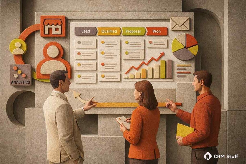 Business team collaborating around a clean CRM dashboard showing organized customer data, sales pipeline, and growth charts.